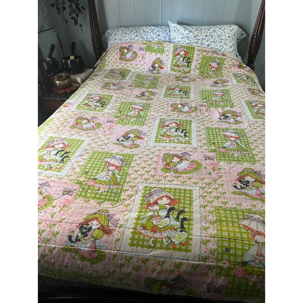 Vintage Holly Hobbie Style Quilt Bedspread Pink Green Floral 78x78 Cottagecore